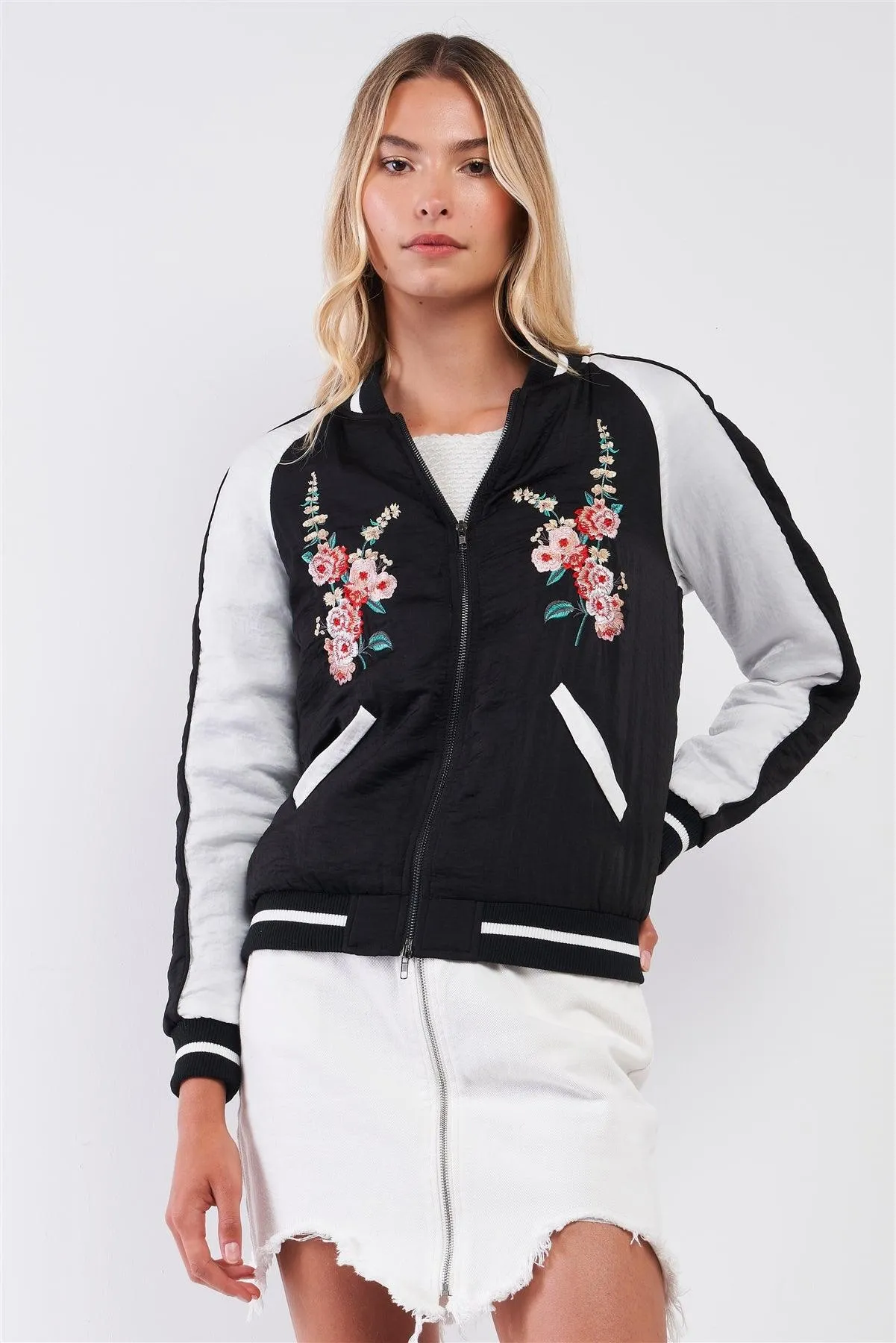 Zarina Vintage Black & White Floral Embroidery Trim Bomber Jacket /1-2-1-2