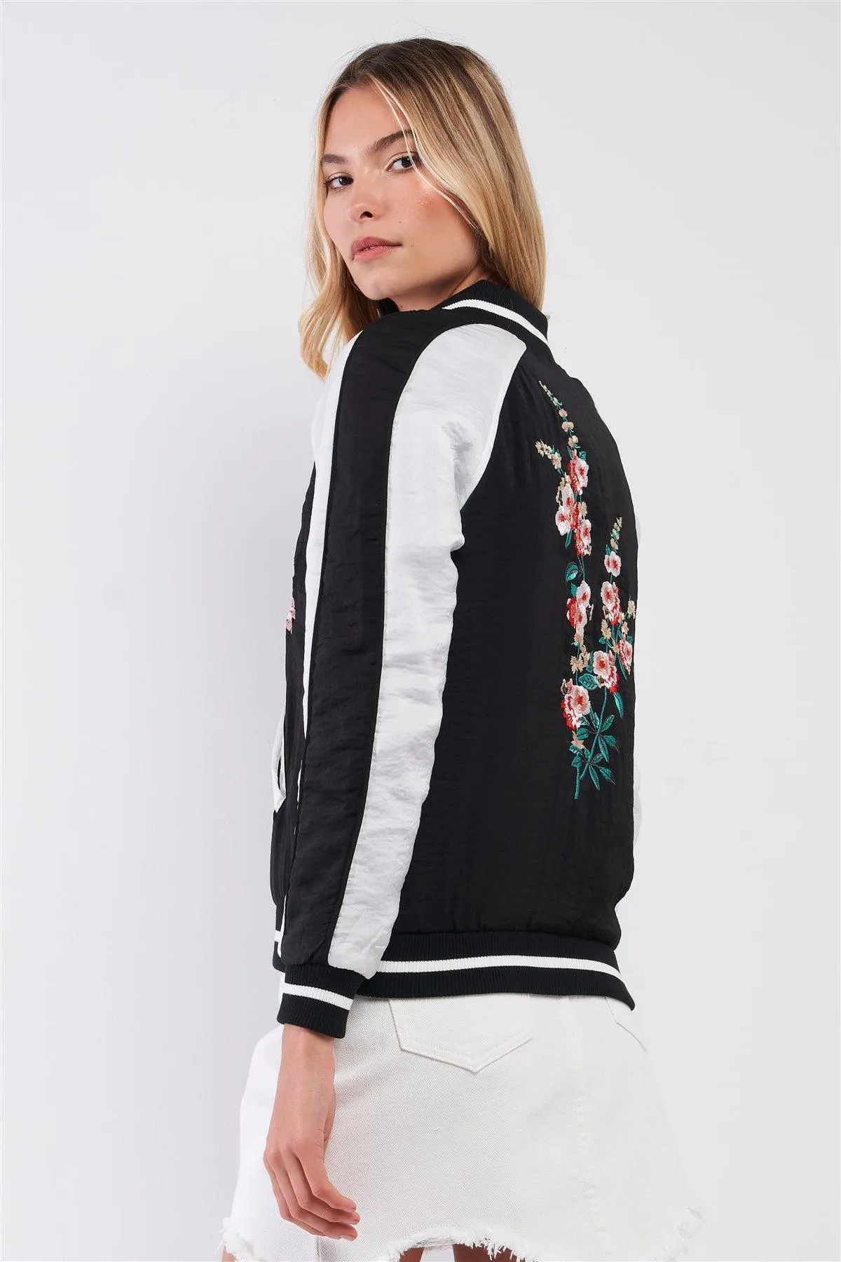 Zarina Vintage Black & White Floral Embroidery Trim Bomber Jacket /1-2-1-2